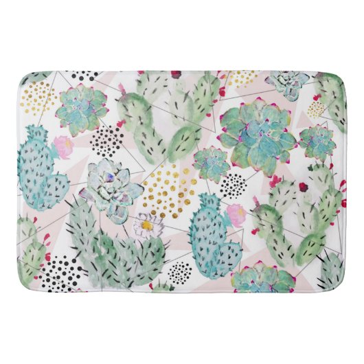 水彩サボテンと三角形パターン バスマット (正面)