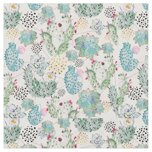 水彩サボテンと三角形パターン ファブリック (クローズアップ)