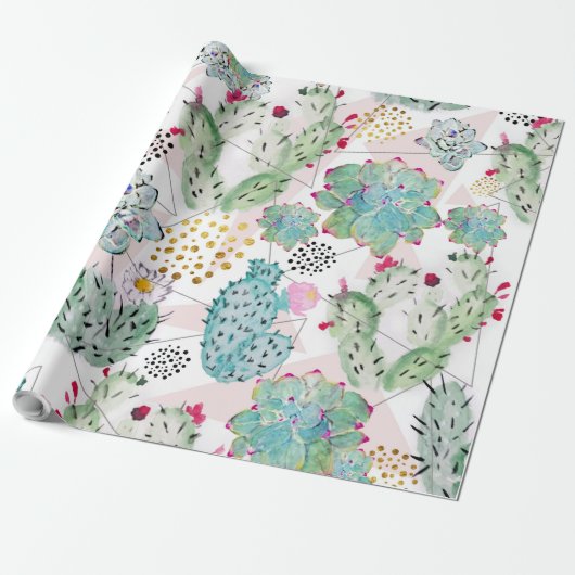 水彩サボテンと三角形パターン ラッピングペーパー (アンロールド)