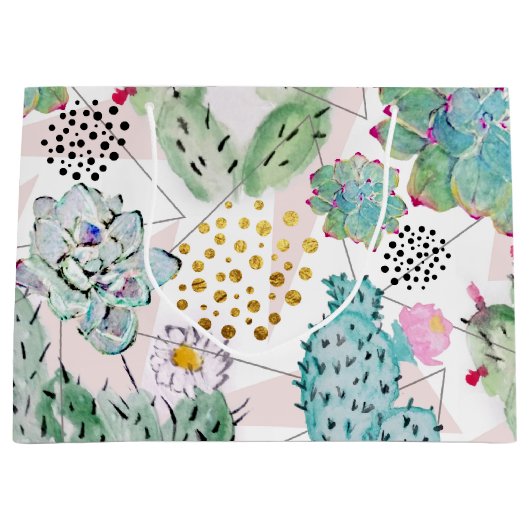 水彩サボテンと三角形パターン ラージペーパーバッグ (正面)