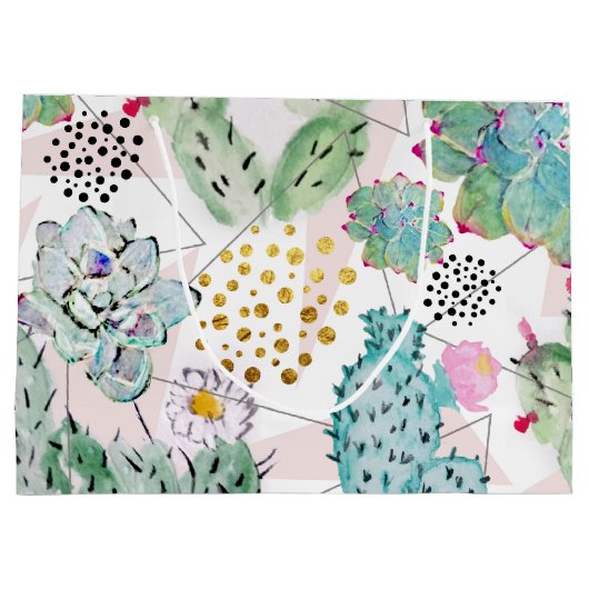 水彩サボテンと三角形パターン ラージペーパーバッグ (裏面)