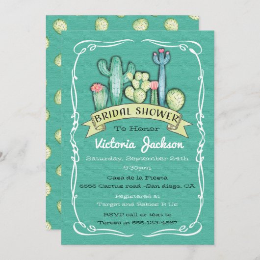 水彩サボテンと多肉性ブライダルシャワー 招待状 (正面/裏面)