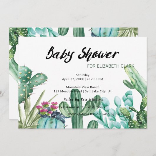 水彩サボテンと多肉性ベビーシャワー 招待状 (正面/裏面)