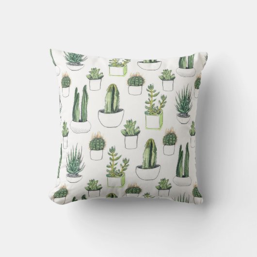 水彩サボテンと多肉質 クッション (正面)