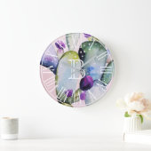 水彩サボテンと花 |モノグラム ラージ壁時計 (ホーム)