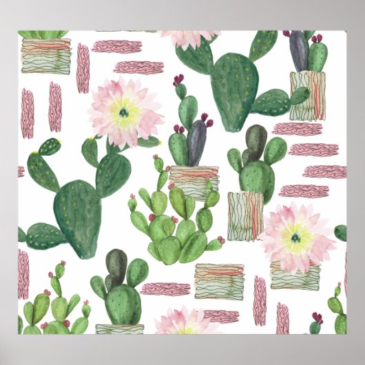 水彩サボテンのシ絵画ームレスパターン ポスター (正面)
