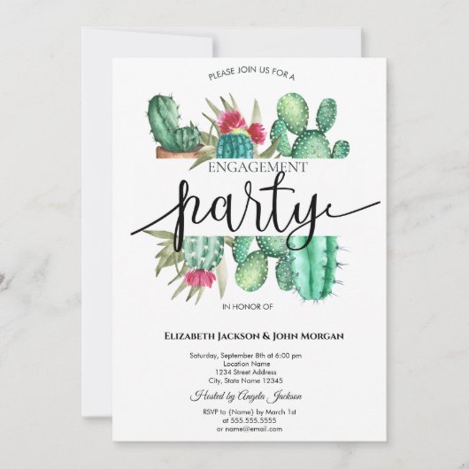 水彩サボテンのドット婚約 招待状 (正面)