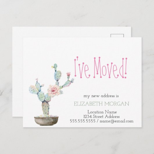 水彩サボテンの新しい住所 案内ポストカード (正面/裏面)