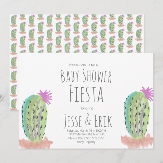 水彩サボテンの植物の手の赤絵を描ちゃんシャワー 招待状 (正面/裏面)