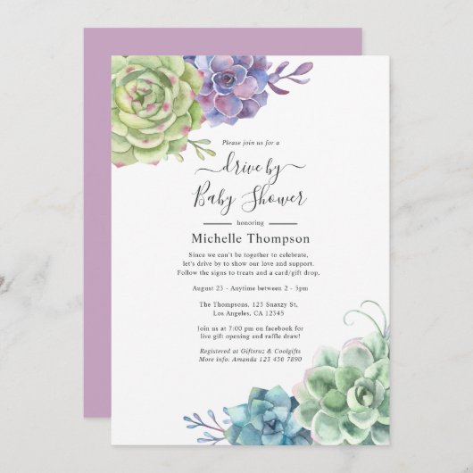 水彩サボテンはシャワーで駆動 招待状 (正面/裏面)