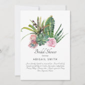 水彩サボテンピンクフローラホワイトブライダルシャワー 招待状 (正面)