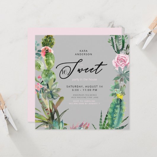 水彩サボテンピンク&グレースウィート16誕生日 招待状 (正面/裏面インサイチュ)