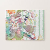 水彩サボテンフローラストライプデザイン ジグソーパズル (横)