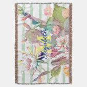 水彩サボテンフローラストライプデザイン スローブランケット (正面縦)