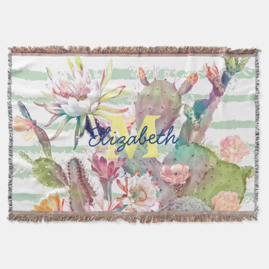 水彩サボテンフローラストライプデザイン スローブランケット (正面)