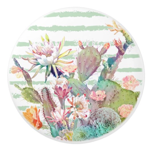 水彩サボテンフローラストライプデザイン セラミックノブ (正面)