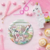 水彩サボテンフローラストライプデザイン ペーパープレート (パーティー)