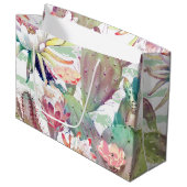 水彩サボテンフローラストライプデザイン ラージペーパーバッグ (正面アングル)