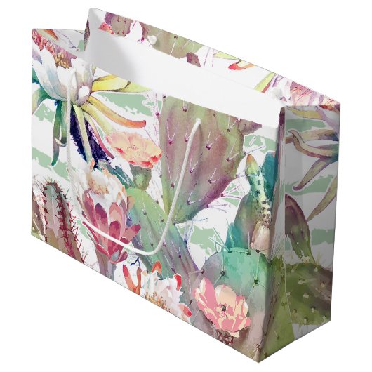 水彩サボテンフローラストライプデザイン ラージペーパーバッグ (正面アングル)