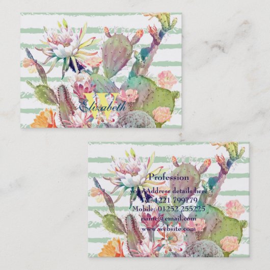 水彩サボテンフローラストライプデザイン 名刺 (正面/裏面)