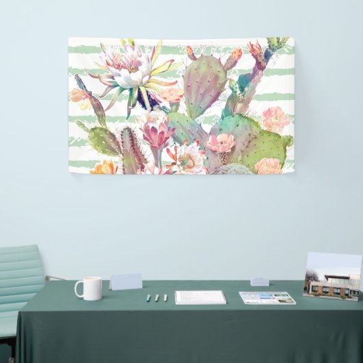 水彩サボテンフローラストライプデザイン 横断幕 (トレードショー)
