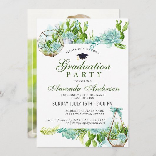 水彩サボテンユーカリ卒業パーティー 招待状 (正面/裏面)