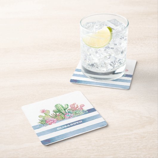 水彩サボテン多肉性の花ストライプ類 スクエアペーパーコースター (インサイチュ)