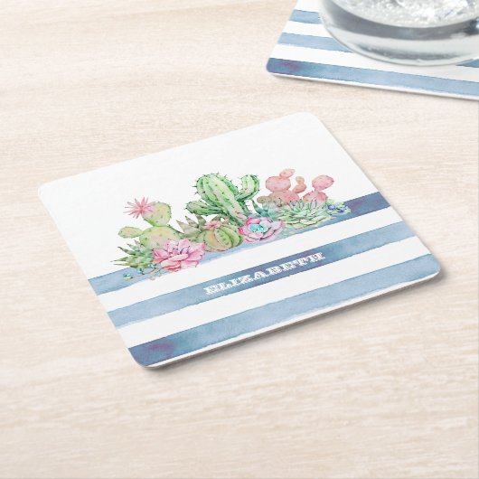 水彩サボテン多肉性の花ストライプ類 スクエアペーパーコースター (アングル)