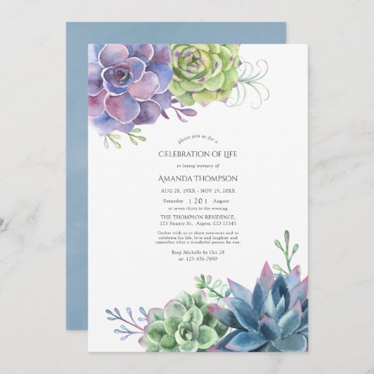 水彩サボテン多肉植物お祝い 招待状 (正面/裏面)