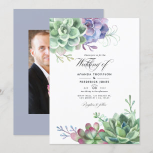 水彩サボテン多肉植物結婚の写真 招待状