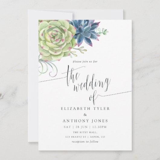 水彩サボテン多肉類結婚式招待状 招待状 (正面)