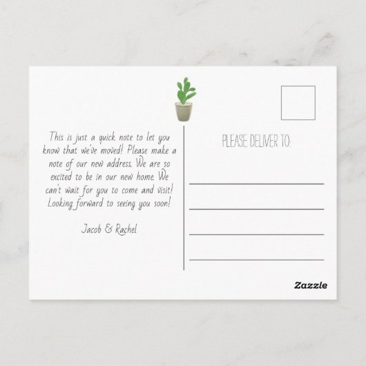 水彩サボテン引っ越しましたの動きの告知 ポストカード (裏面)