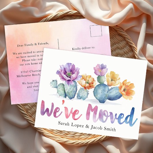 水彩サボテン引っ越しました発表 ポストカード