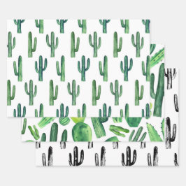 水彩サボテン模様。緑色のモダンサボテン ラッピングペーパーシート