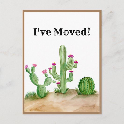 水彩サボテン砂漠の新しい住所を移動 案内ポストカード (正面)