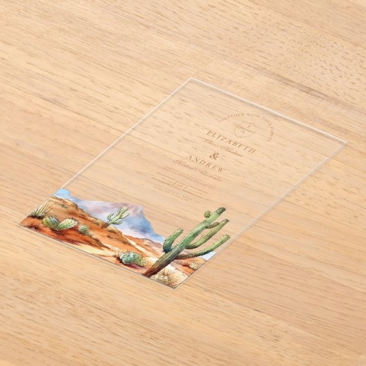 水彩サボテン砂漠の風景結婚ズ アクリル招待状 (レイダウン)