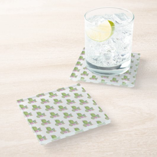 水彩サボテン花模様ピンクグリーン ガラスコースター (アングル)