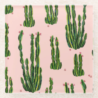 水彩サボテン：シームレスなパターンの開花 ガラスコースター