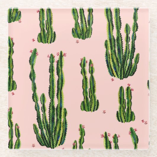 水彩サボテン:シームレスなパターンの開花 ガラスコースター (正面)