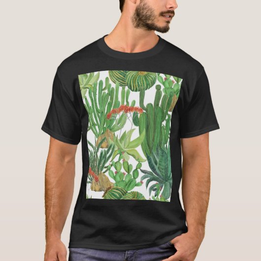 水彩サボテン:シームレスパタ絵画ーン Tシャツ (正面)