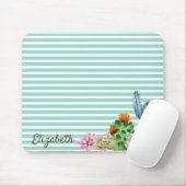 水彩サボテン,ミントグリーンストライプ マウスパッド (マウス)