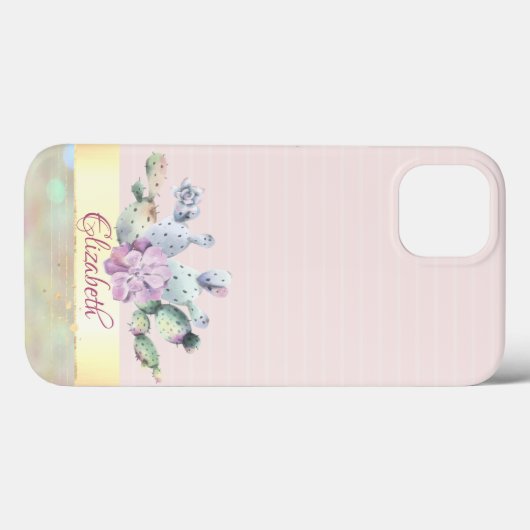 水彩サボテン、多肉性の花ピンクのストライプ Case-Mate iPhoneケース (裏面 (横))