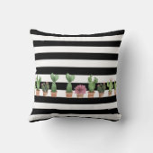 水彩サボテン、白黒ストライプパーソナライズされた クッション (裏面)