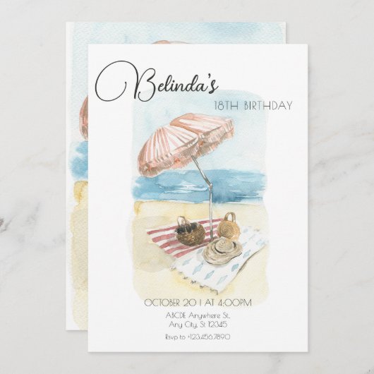 水彩サマービーチ休暇誕生日 招待状 (正面/裏面)