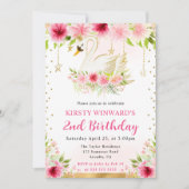 水彩サマーピンク花スワンズ誕生日 招待状 (正面)