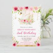 水彩サマーピンク花スワンズ誕生日 招待状 (スタンド正面)