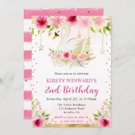 水彩サマーピンク花スワンズ誕生日 招待状