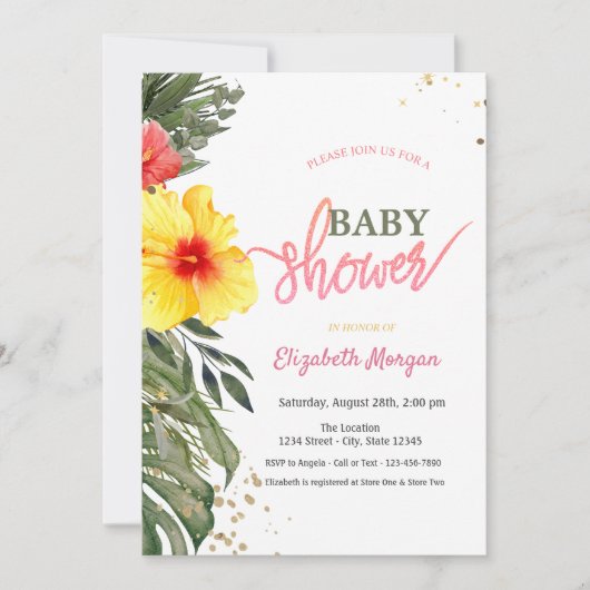 水彩サマーフラワーハイビスカスベビーシャワー 招待状 (正面)