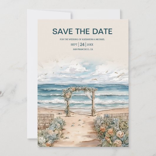 水彩サマー海ビーチ結婚式 セーブザデート (正面)