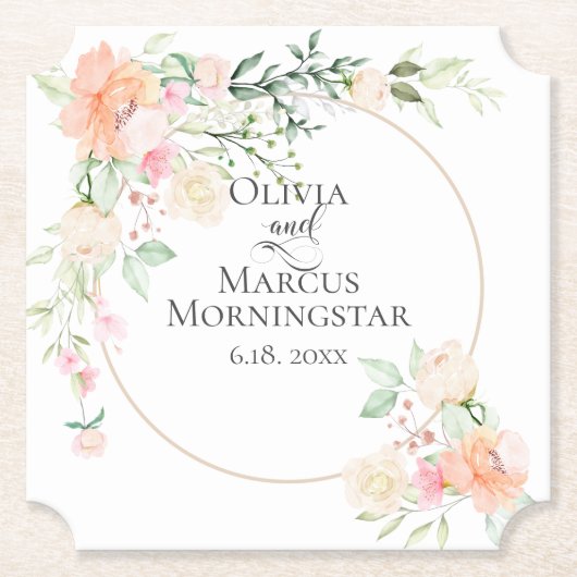 水彩サンゴアイボリー開花と葉 ペーパーコースター (正面)